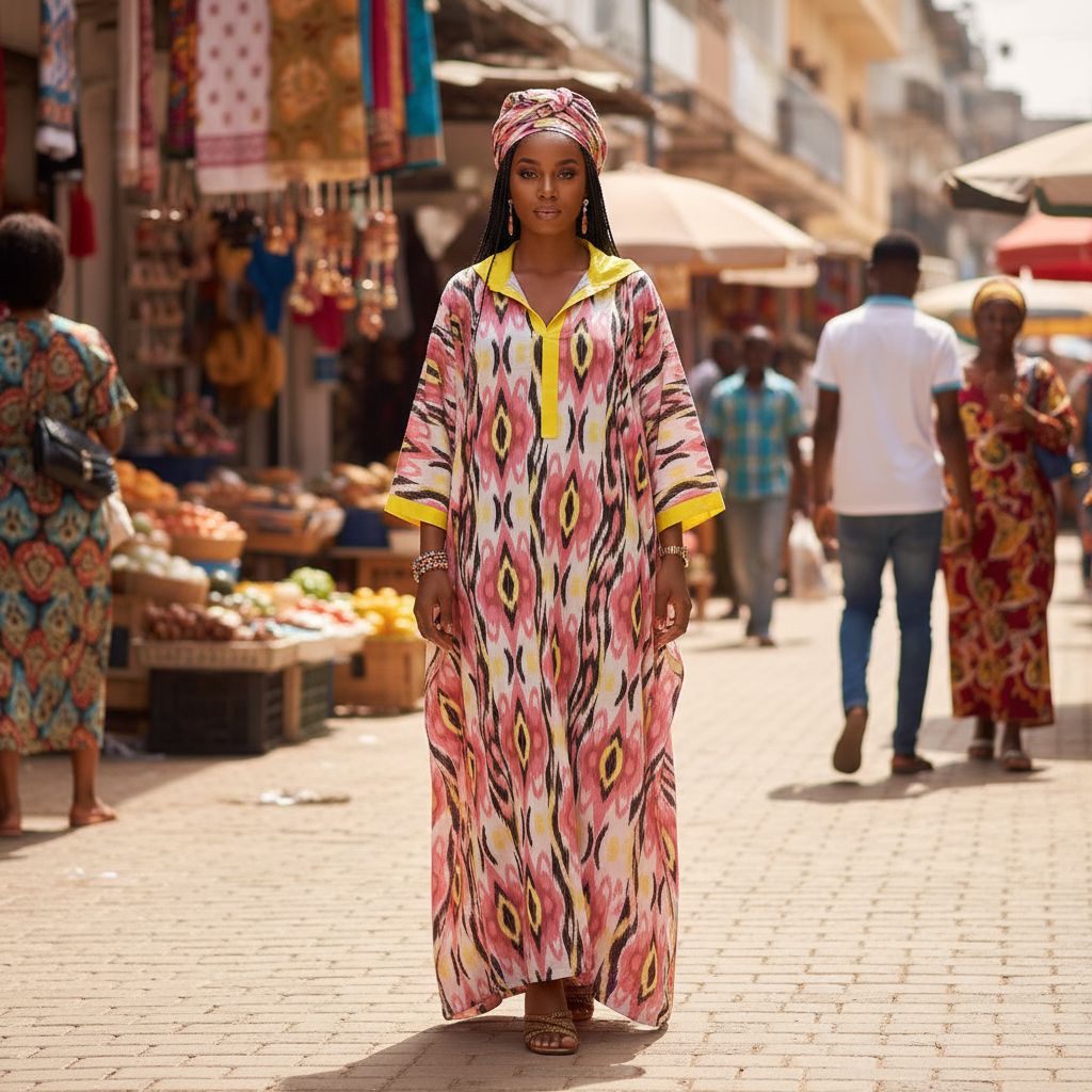 Tunique femme ethnique longue fluide coton, imprimé ikat, grande taille