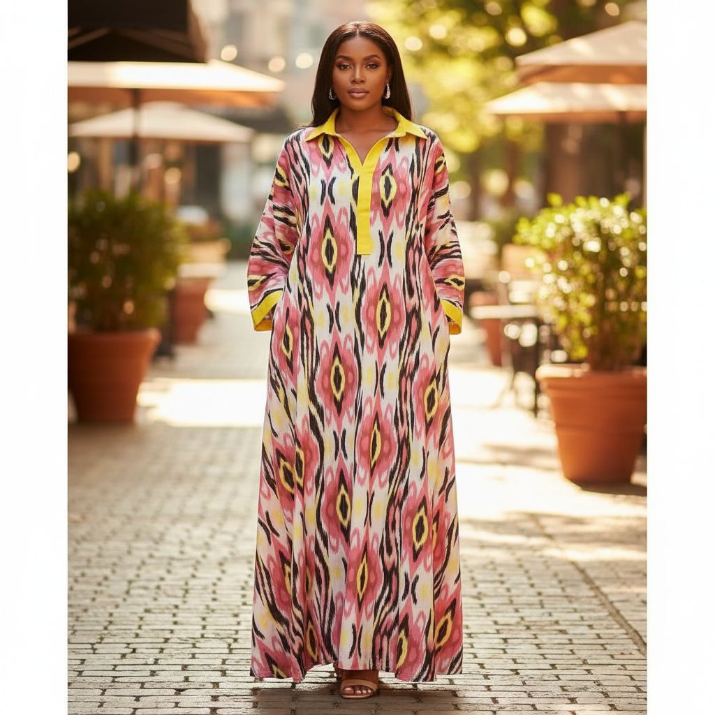 Tunique femme ethnique longue fluide coton, imprimé ikat, grande taille