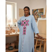 Tunique femme moderne ample coton, col rond, motifs géométriques, blue gris taille standard (L)