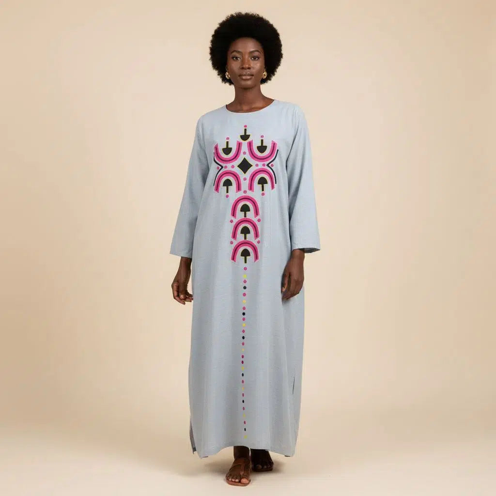 Tunique femme moderne ample coton, col rond, motifs géométriques, blue gris taille standard (L)