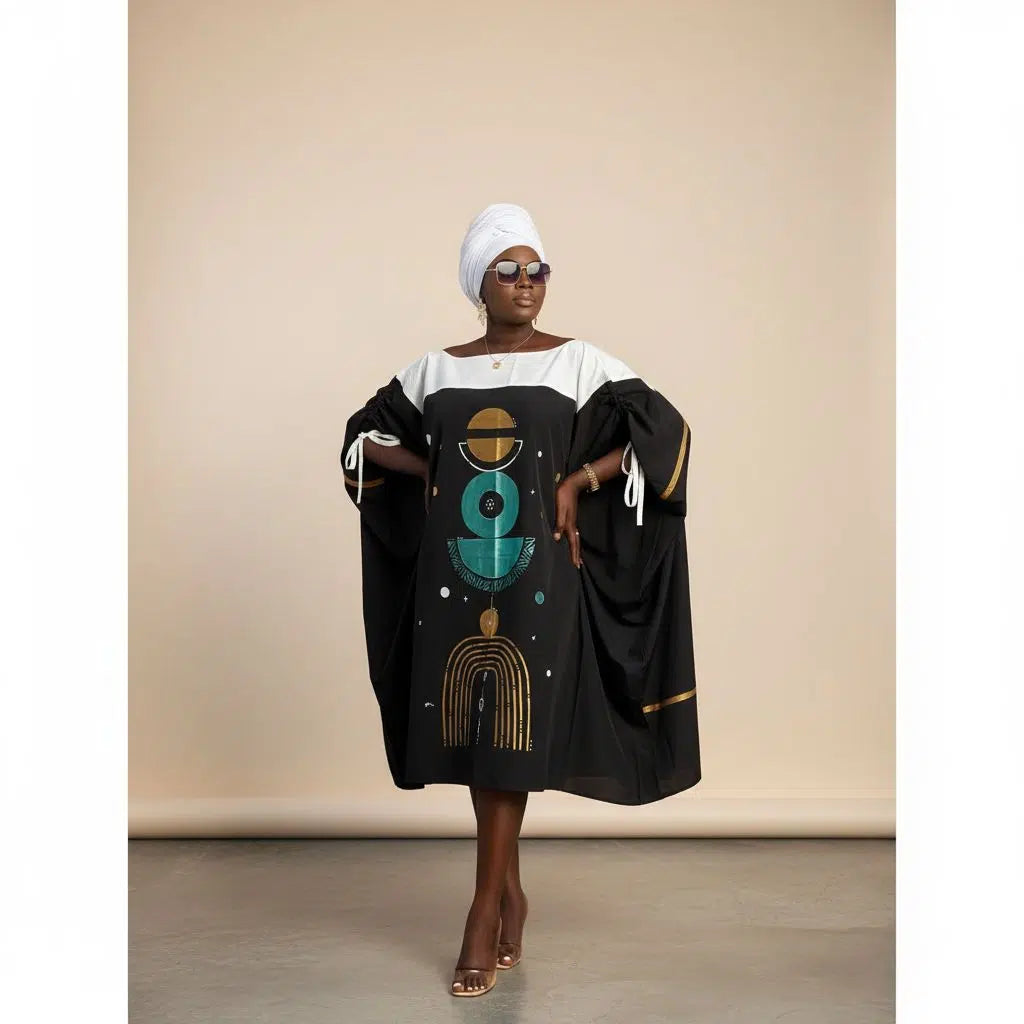 Tunique femme noire 3/4 motifs géométriques peints main élégante