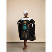 Tunique femme noire 3/4 motifs géométriques peints main élégante