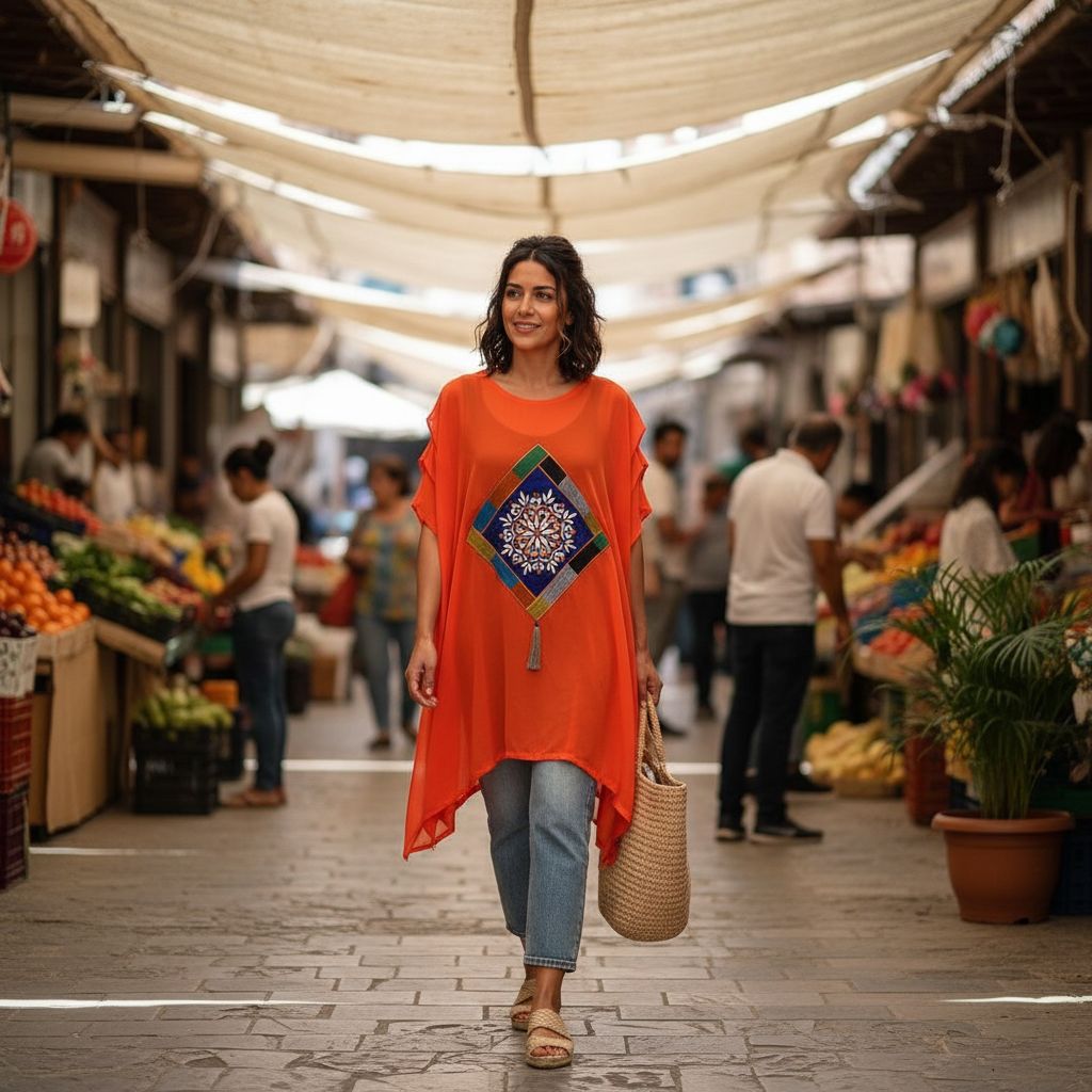 Tunique femme orange brodée de grande taille
