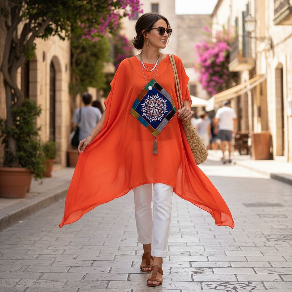 Tunique femme orange brodée de grande taille