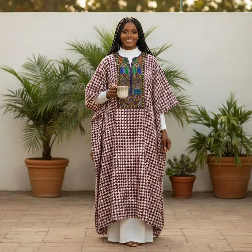 COLLECTION HYVER/Tunique femme MODE ETHNIK en tissu pied de poule en lin, broderie africaine, robe intérieure chic