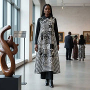 COLLECTION HYVER/Tunique femme pied de poule brodée, ensemble chic lin noir et blanc