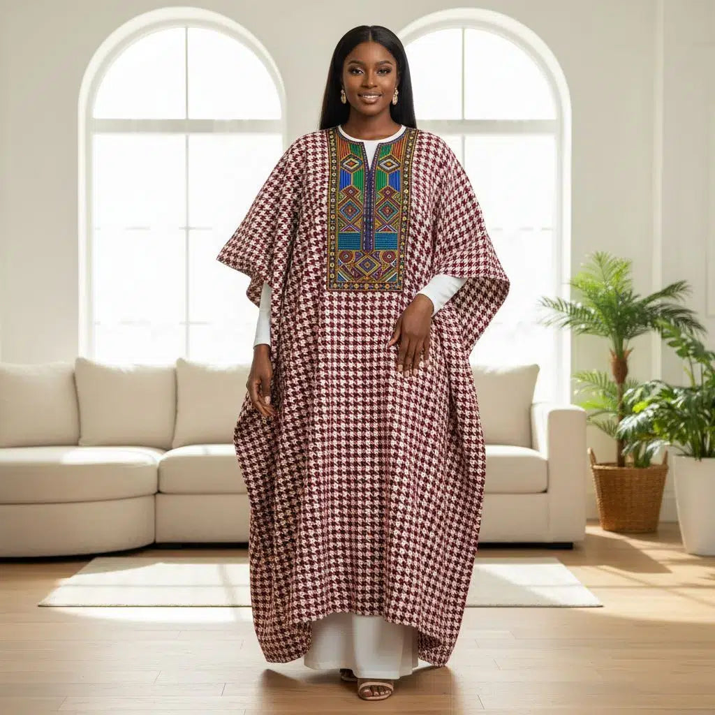 COLLECTION HYVER/Tunique femme MODE ETHNIK en tissu pied de poule en lin, broderie africaine, robe intérieure chic