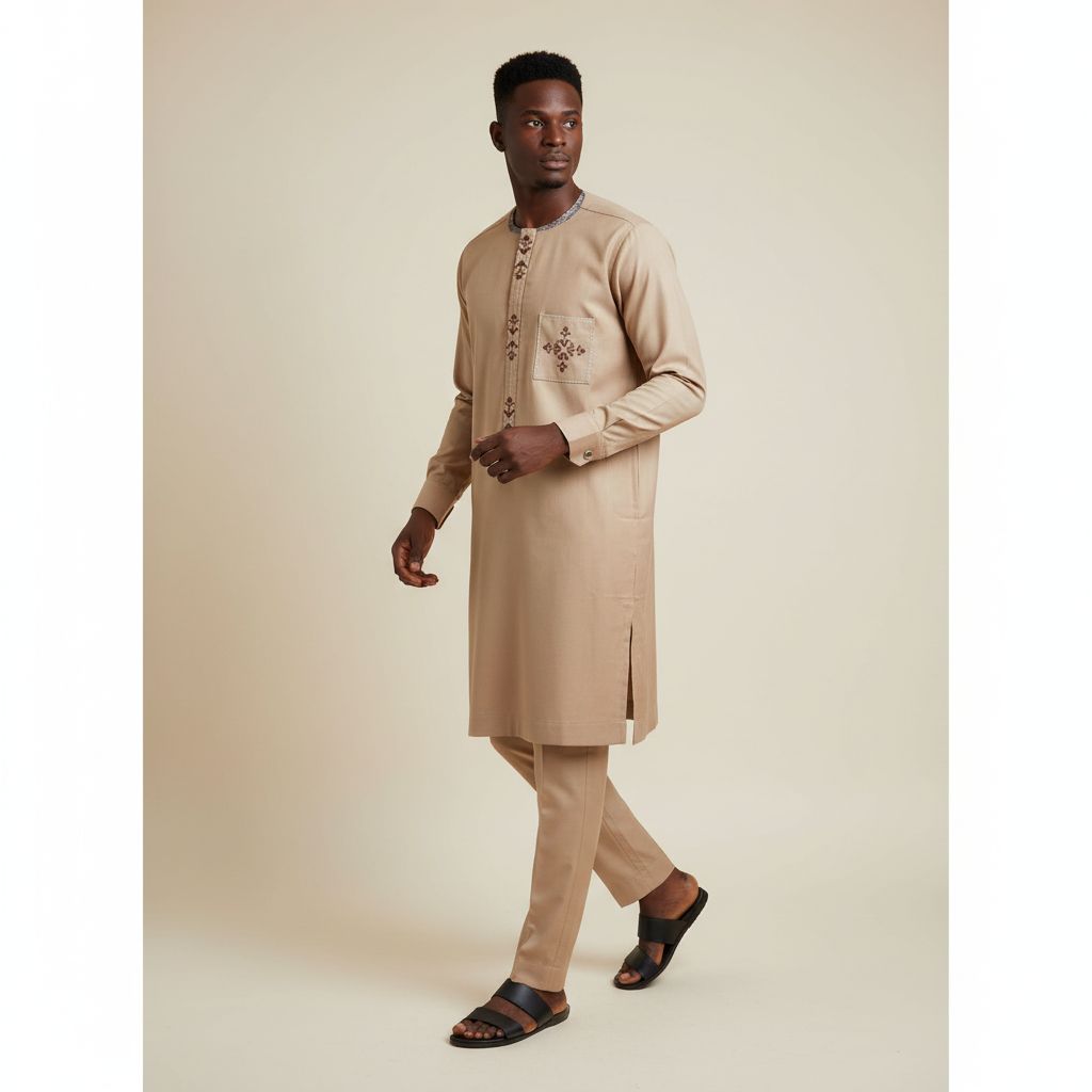 Tunique homme beige en coton lin, élégante et traditionnelle, style artisanal