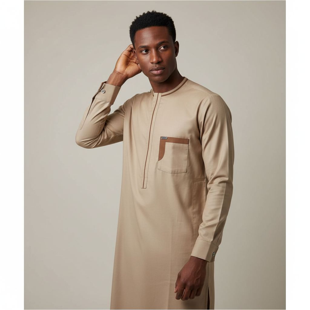 Tunique homme beige élégante en coton, col rond, coupe droite moderne