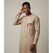 Tunique homme beige élégante en coton, col rond, coupe droite moderne