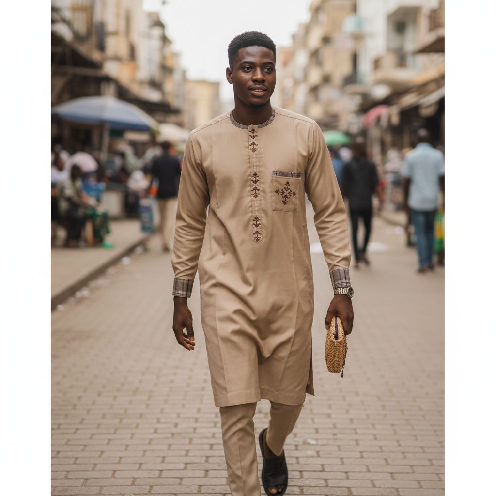 Tunique homme beige en coton lin, élégante et traditionnelle, style artisanal