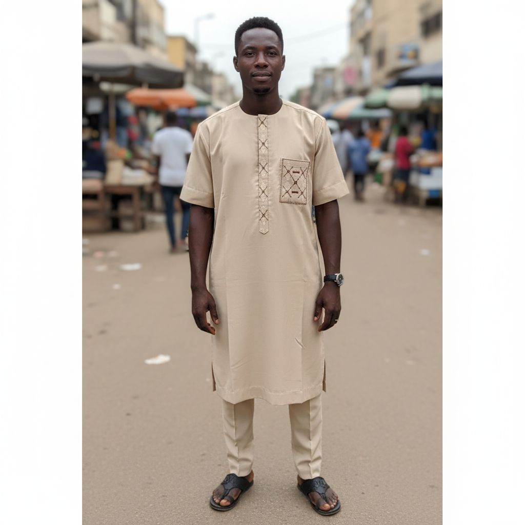 Tunique homme beige en coton lin brodé, élégante et chic décontractée