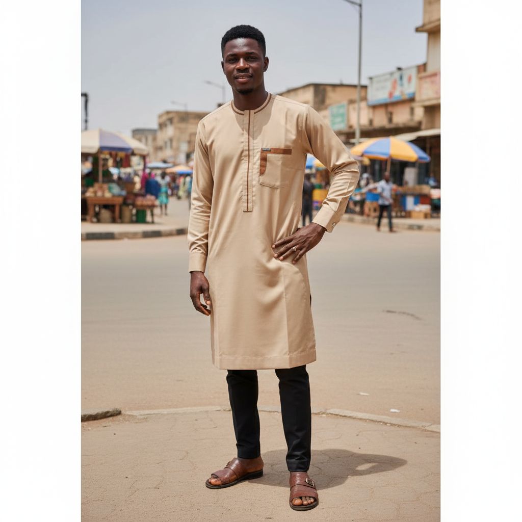 Tunique homme beige élégante en coton, col rond, coupe droite moderne