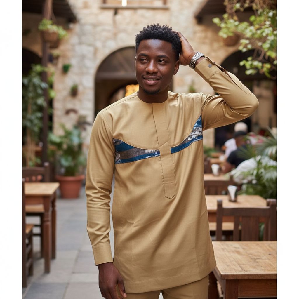Tunique homme coton beige élégante, vêtement traditionnel et artisanal