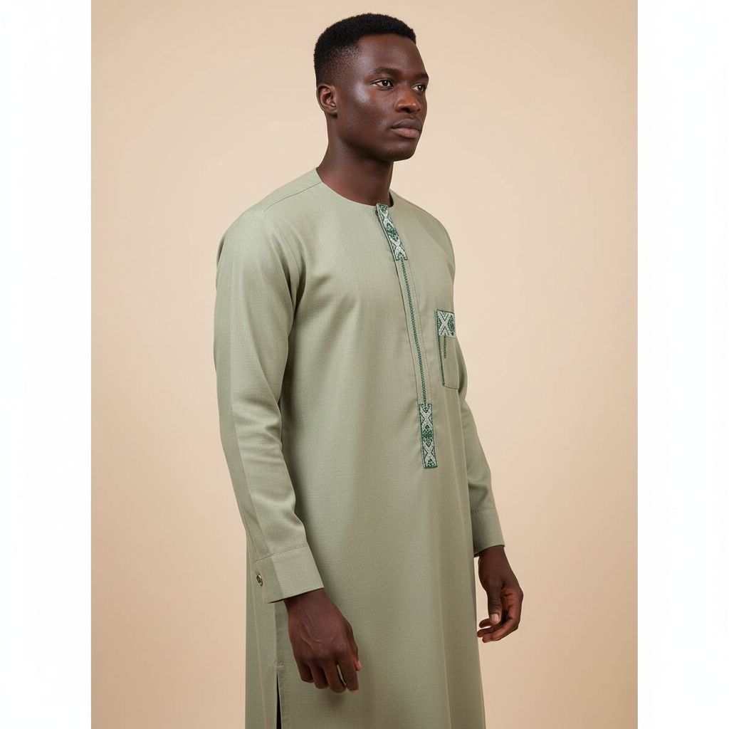 Tunique homme traditionnelle verte kaki brodée, élégante et confortable lin