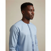 Tunique homme traditionnelle bleu élégante en coton brodé, col rond sans col