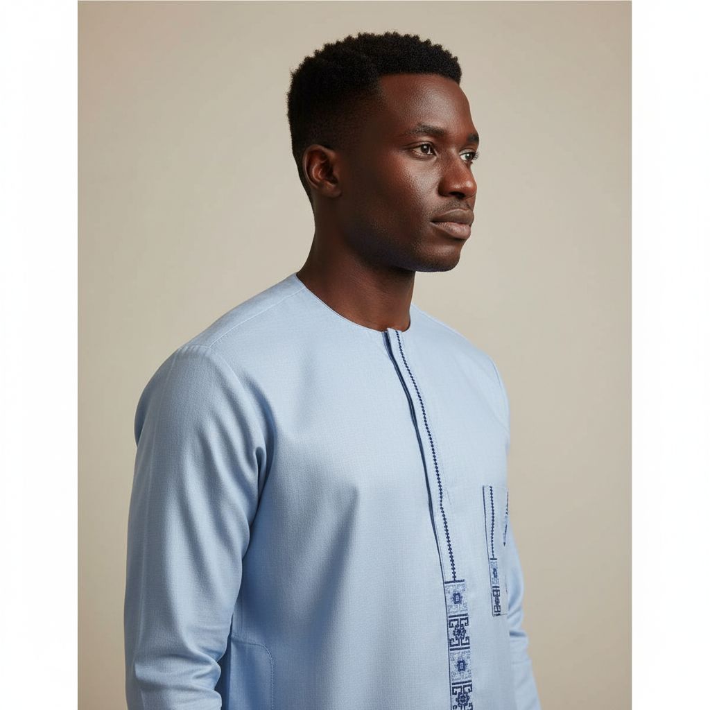 Tunique homme traditionnelle bleu élégante en coton brodé, col rond sans col