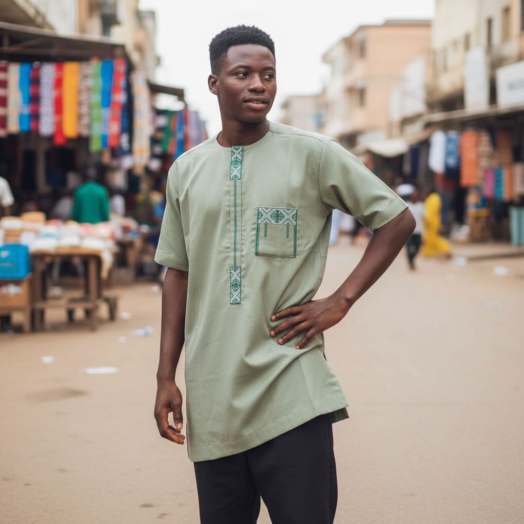 Tunique homme traditionnelle verte kaki brodée, élégante et confortable lin