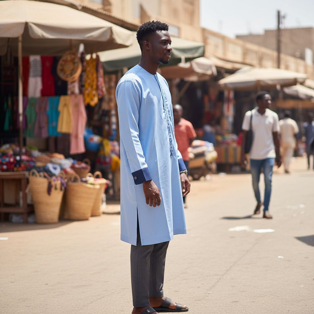 Tunique homme traditionnelle bleu élégante en coton brodé, col rond sans col