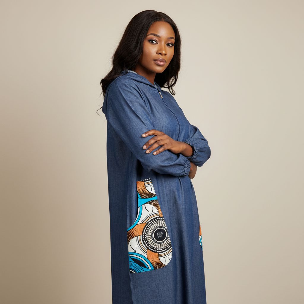 Tunique jean femme à capuche, coton épais bleu, style ethnique avec poches