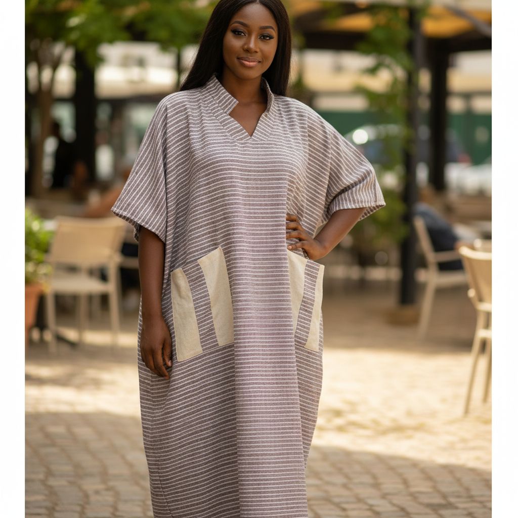 Tunique lin femme beige, ample col V, robe décontractée avec poches