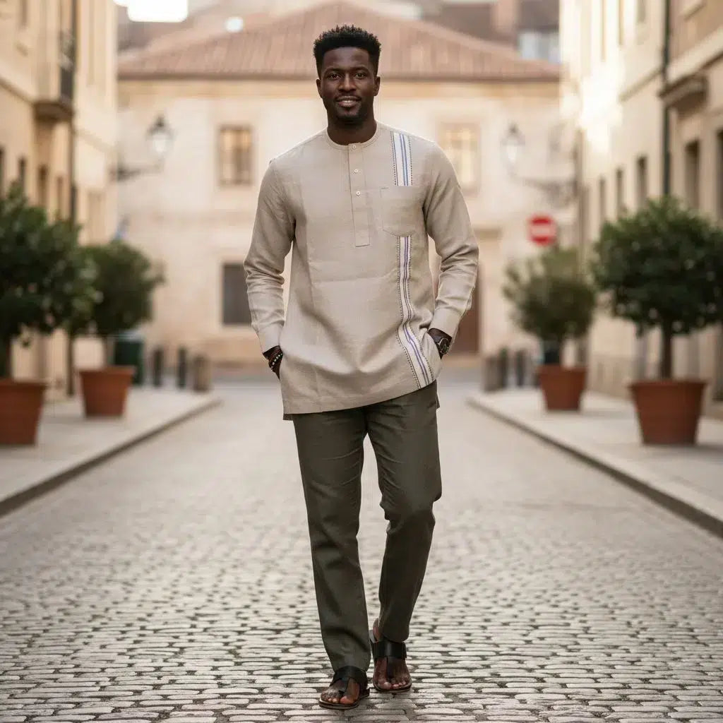 Tunique lin homme Beige – Élégante tunique artisanale brodée, col rond