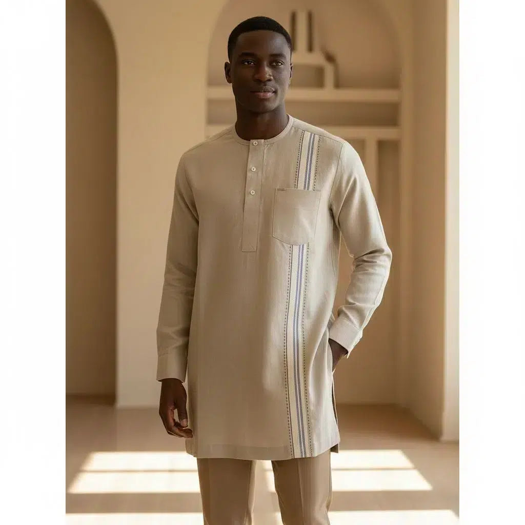 Tunique lin homme Beige – Élégante tunique artisanale brodée, col rond