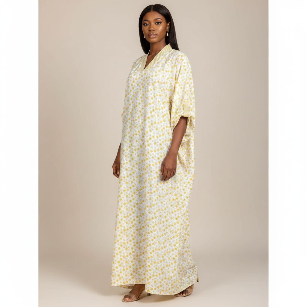 Tunique longue femme XL col V, manches 3/4, motif floral jaune