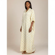 Tunique longue femme XL col V, manches 3/4, motif floral jaune