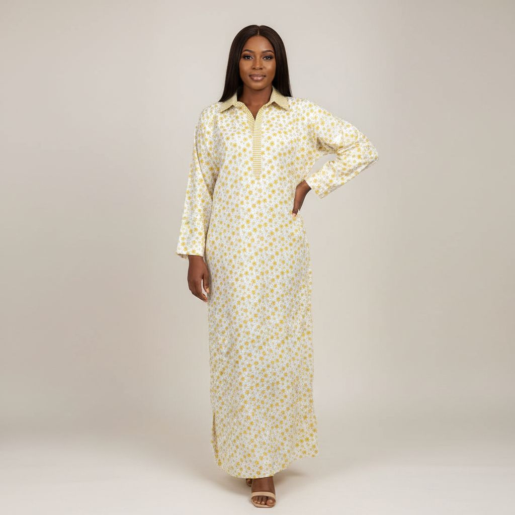 Tunique longue femme col chemise, coton floral, ample et élégante