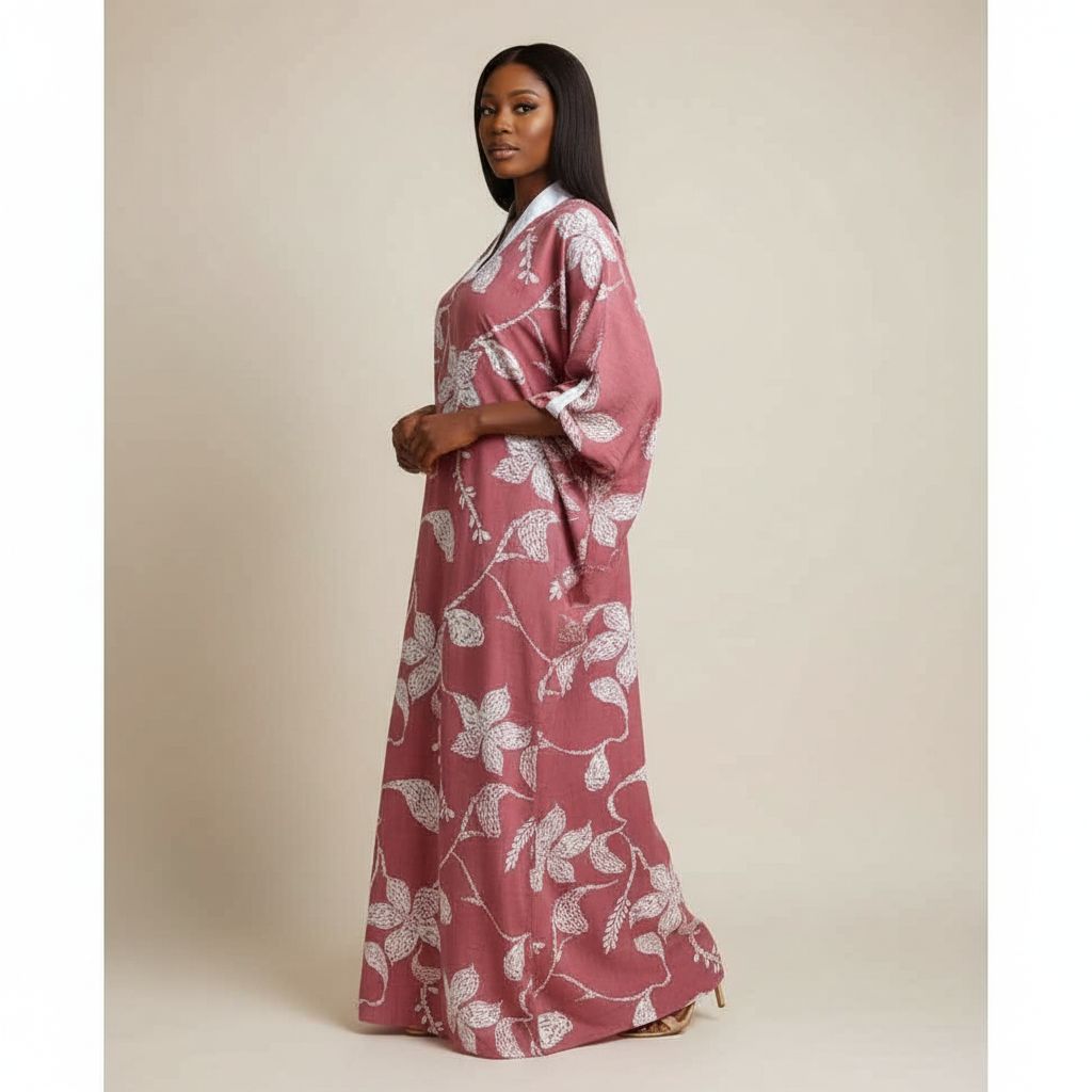 Tunique longue femme col V manches 3/4 imprimé floral rouge brique