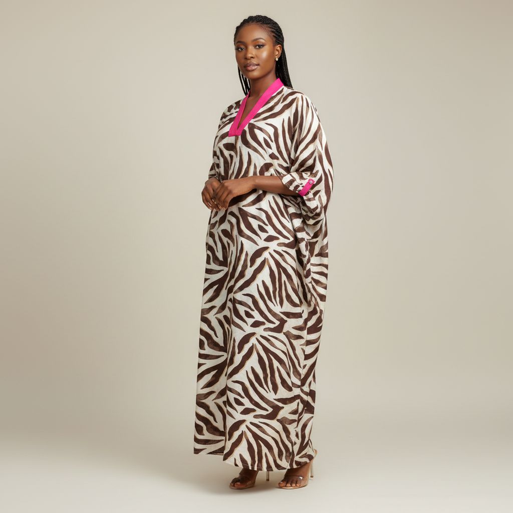 Tunique longue femme col V manches 3/4 imprimé zébré bohème chic