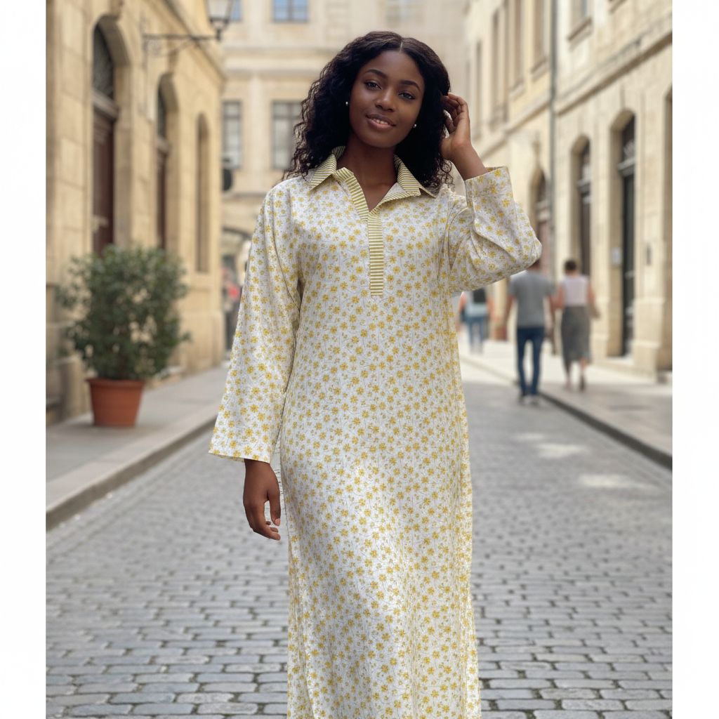 Tunique longue femme col chemise, coton floral, ample et élégante