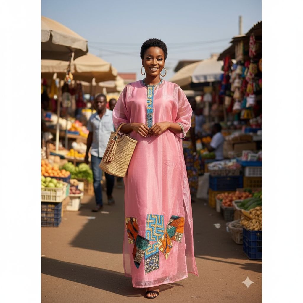 Tunique organza femme décorée wax, fond robe coton chic cérémonie