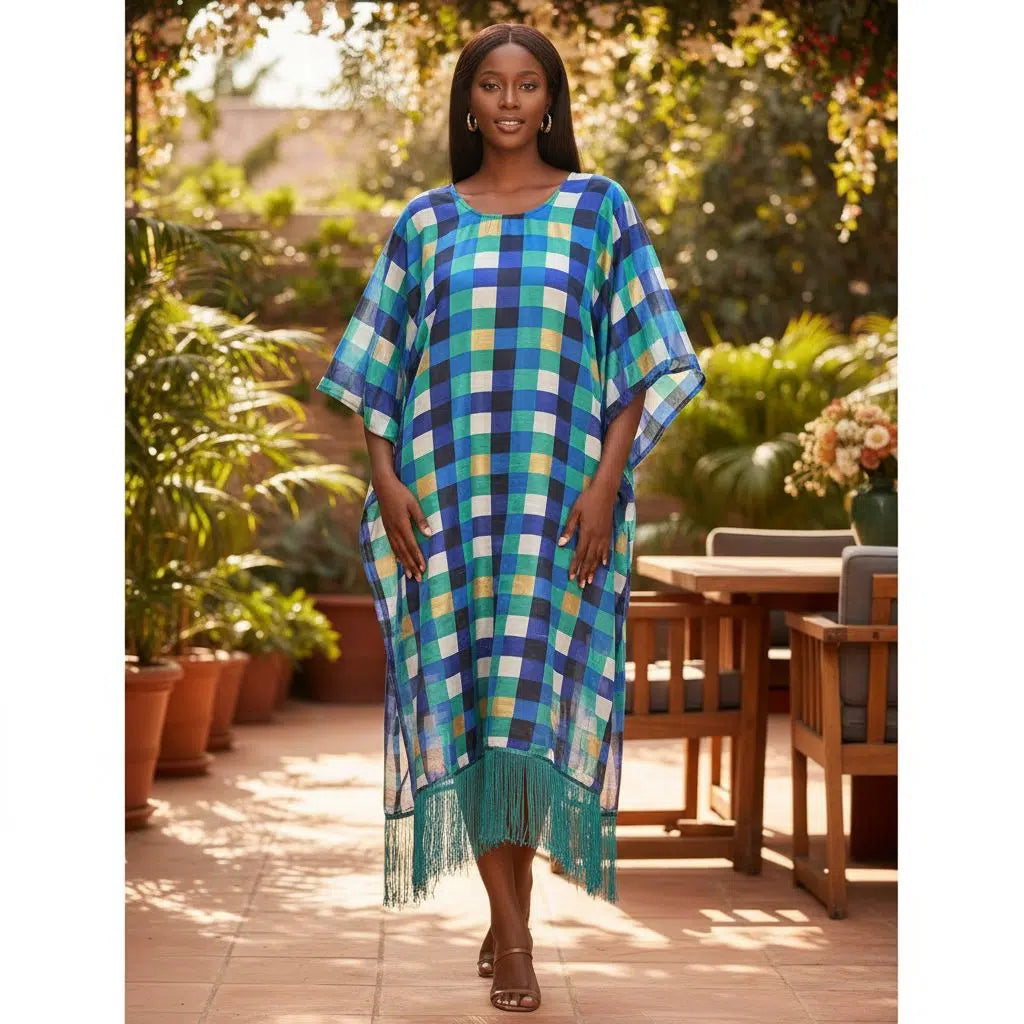 Tunique organza femme ample verte multicolore, chic et élégante été