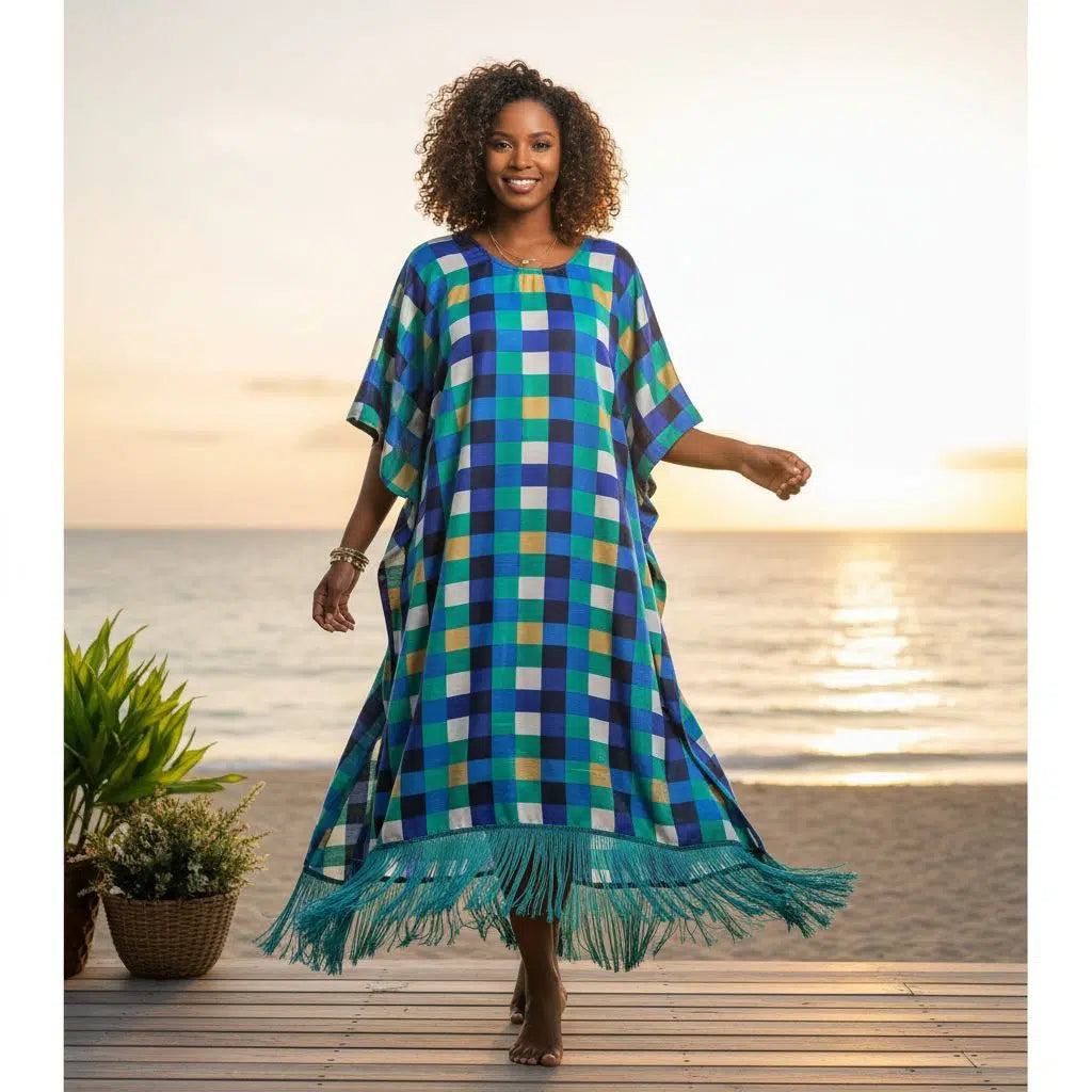 Tunique organza femme ample verte multicolore, chic et élégante été