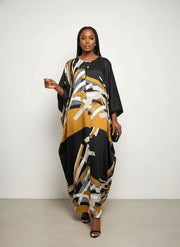 Tunique soie longue imprimé géométrique noir ocre