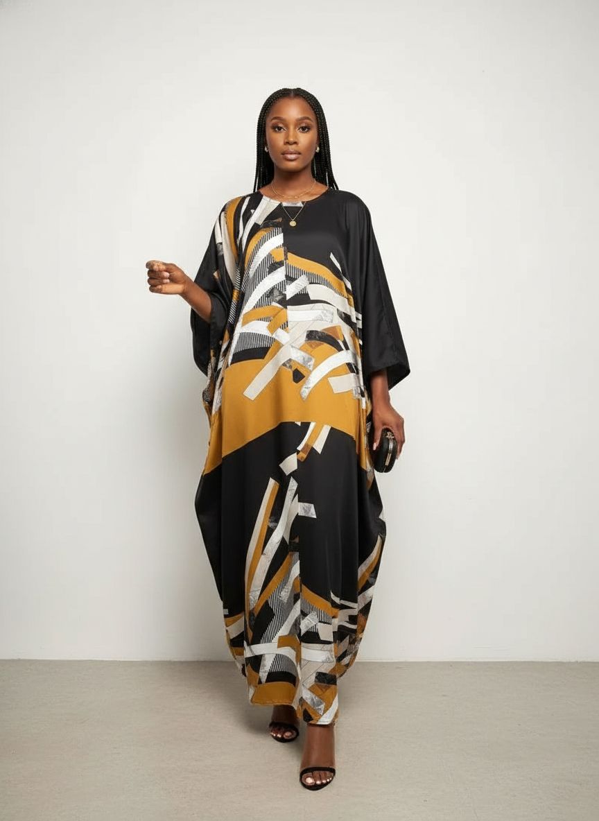 Tunique soie longue imprimé géométrique noir ocre