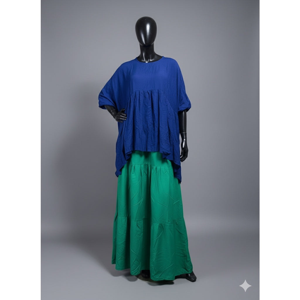 Ensemble jupe et haut femme coton léger, jupe verte longue, haut bleu chic