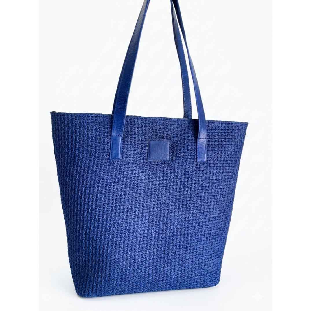 Sac cabas raphia bleu et cuir femme, grand sac léger