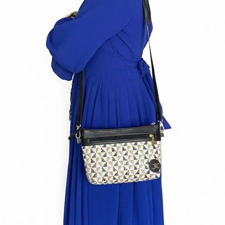Sac pochette raphia chic noir et beige