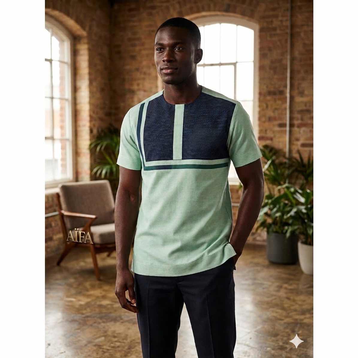 T-shirt homme vert AiFA en coton, ajusté et graphique, style casual chic
