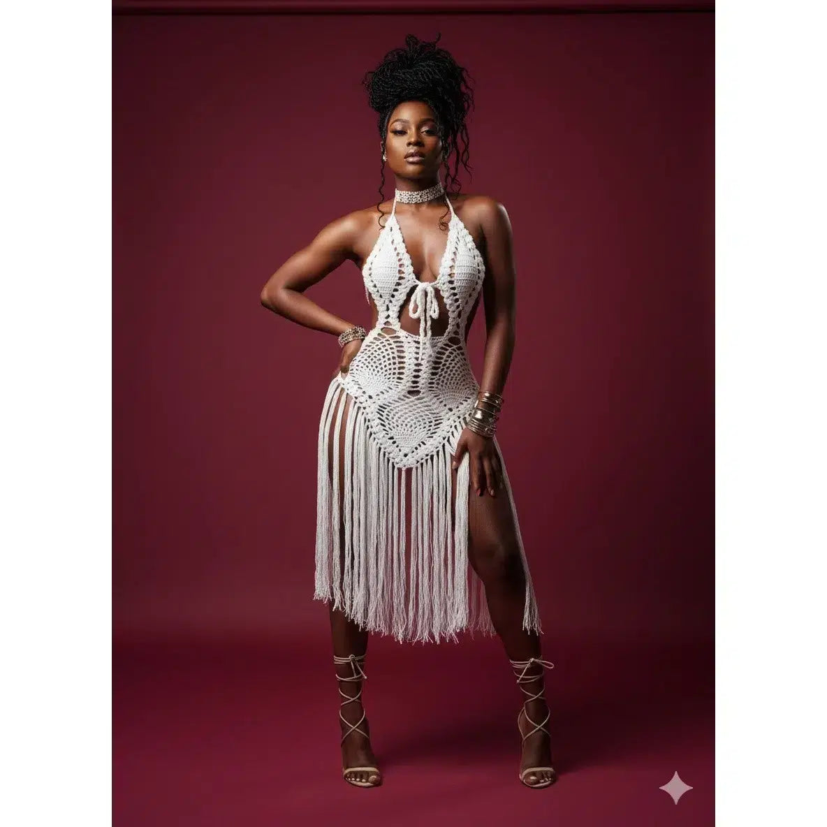 Robe crochet fait main bohème chic blanche rouge – Robe été artisanale femme