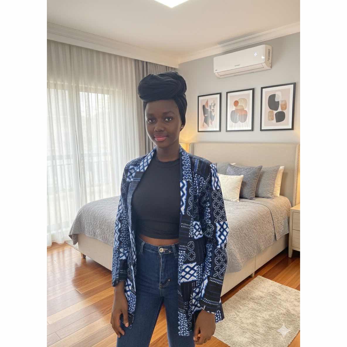 Veste en wax femme bleu marine ample à motifs géométriques