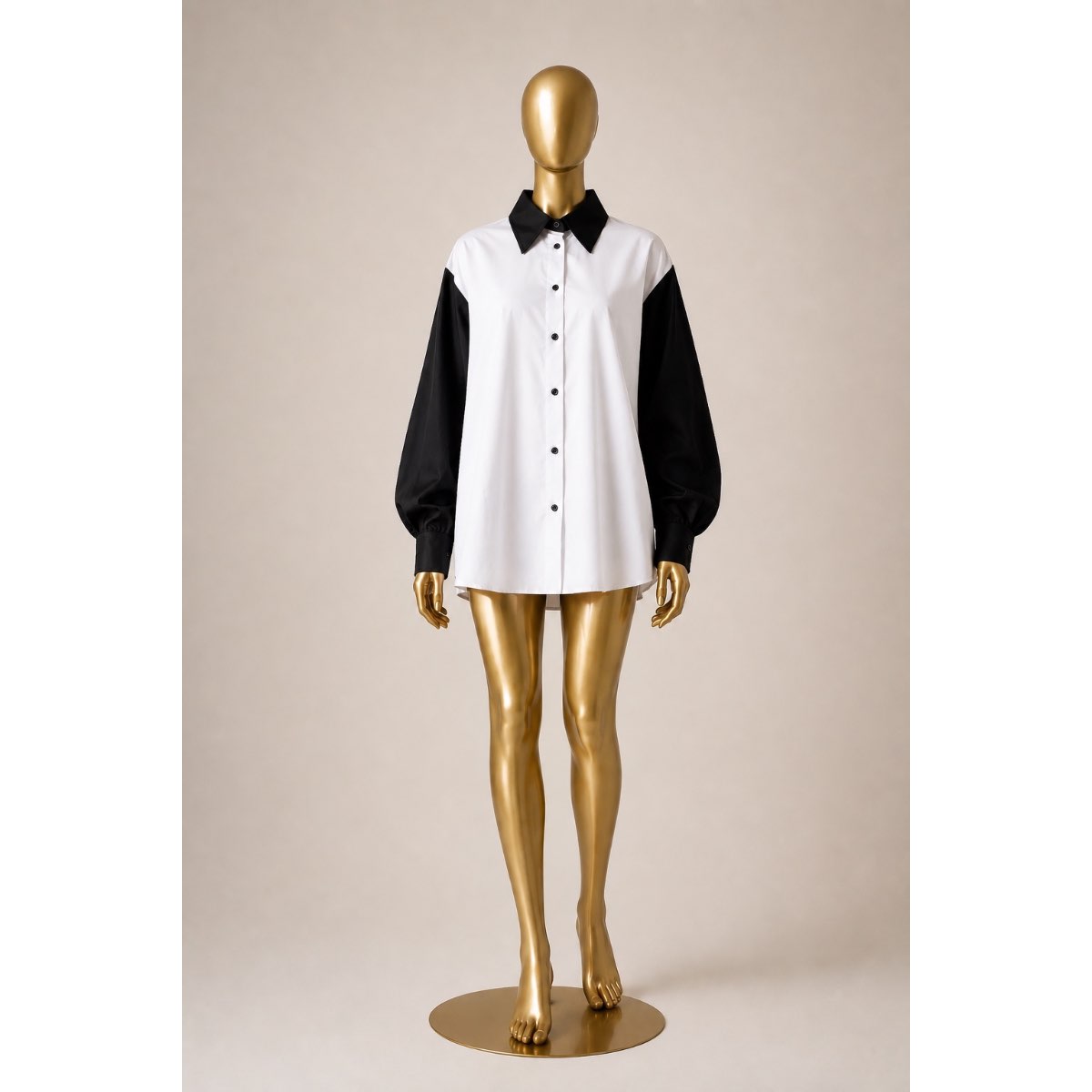Chemise oversize femme bicolore beige noir, ample chic manches longues
