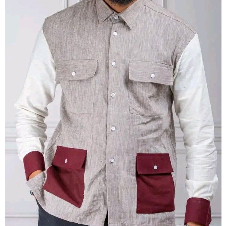 Chemise homme lin patchwork multicolore manches contrastées et poches