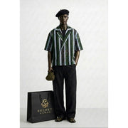 Ensemble SECRET HOMME chemise à rayures vertes et pantalon large noir chic