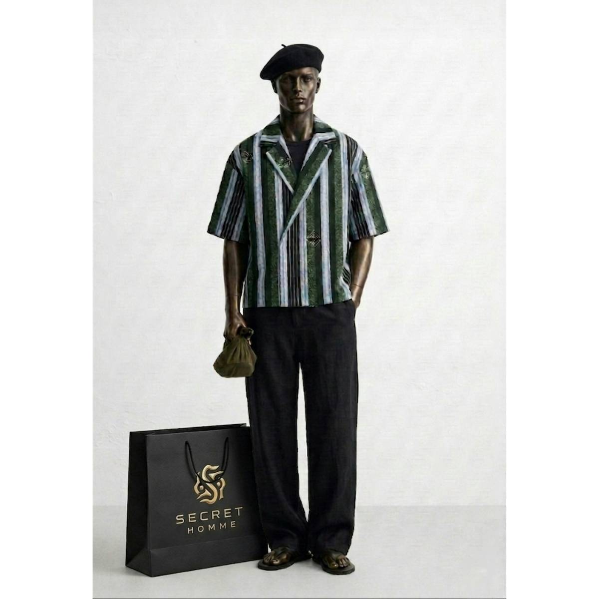 Ensemble SECRET HOMME chemise à rayures vertes et pantalon large noir chic