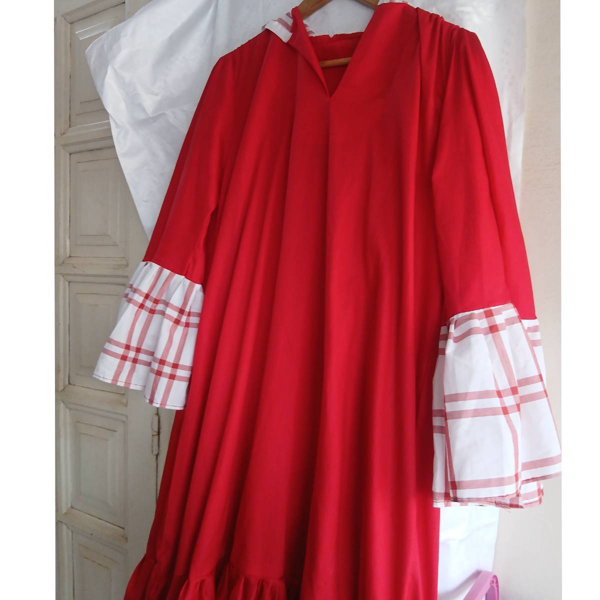 Robe femme coton rouge blanc longue chic décontractée manches 3/4