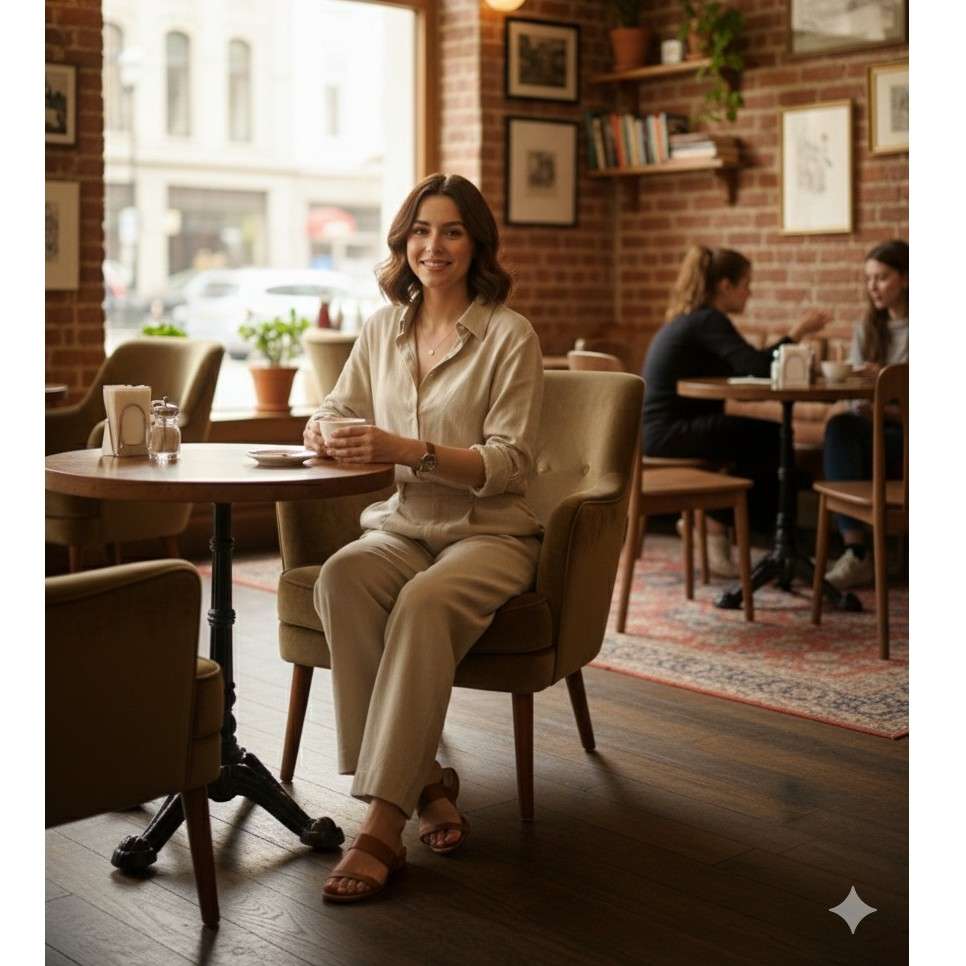 Ensemble lin femme beige pantalon et chemise, tenue élégante décontractée